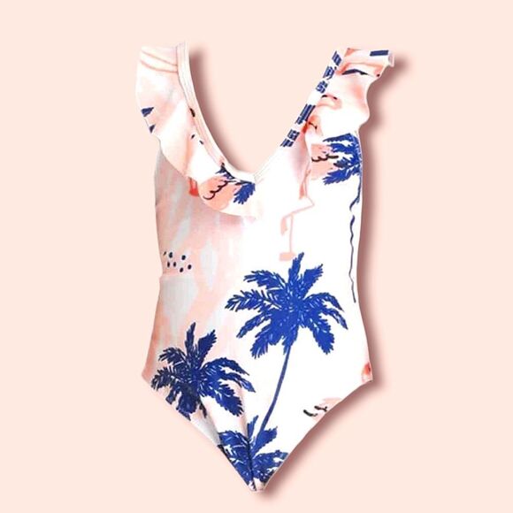 HuiCai Flamingos & Palm Trees Swimsuit Family Dress Print V-Neck Ruffle - Picture 1 of 3